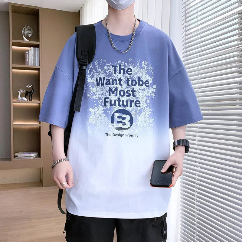 Boys cotton-polyester t-shirt with jacquard printed pattern in dark blue, short sleeves, drop-shoulder design