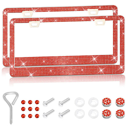 Stainless steel license plate frame with square holes for applying coloured acrylic diamond crystals.