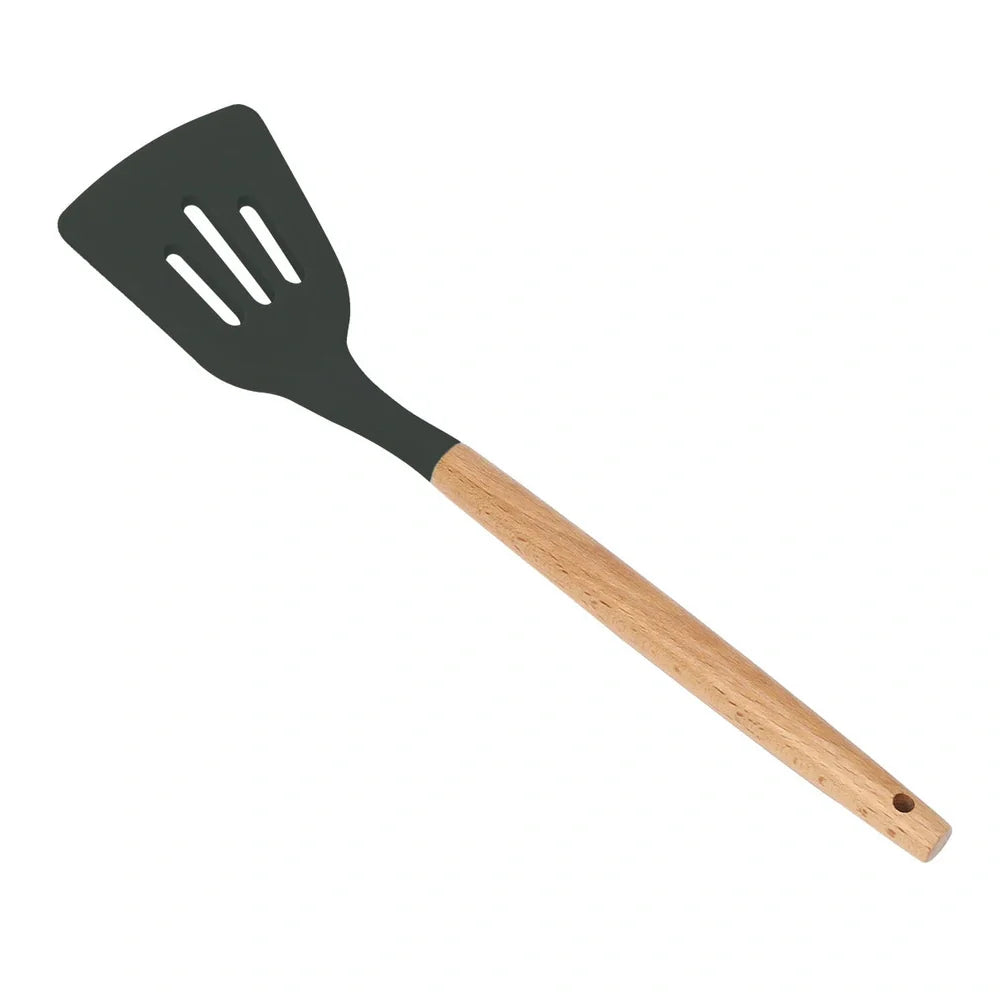 Dark grey silicone cooking utensils with wooden handles including spatula, spoon, whisk, and tongs