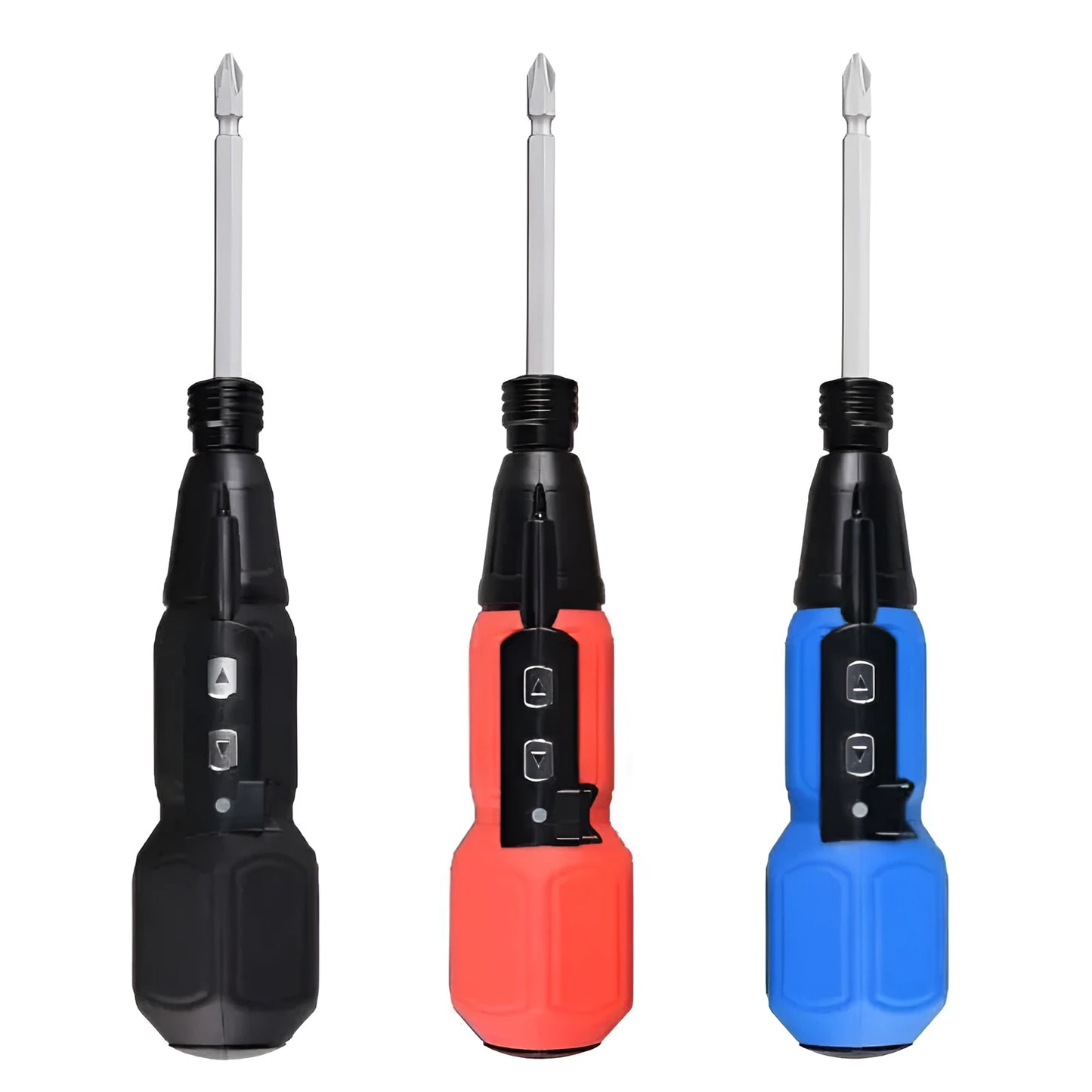 Black or blue alloy steel electric screwdriver with straight handle and rechargeable lithium battery
