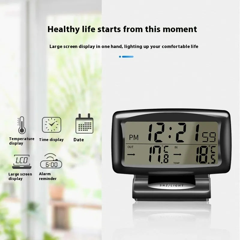 Black vehicle mounted electronic dual thermometer clock, model SH-350, 85x24mm, for inside and outside temperature