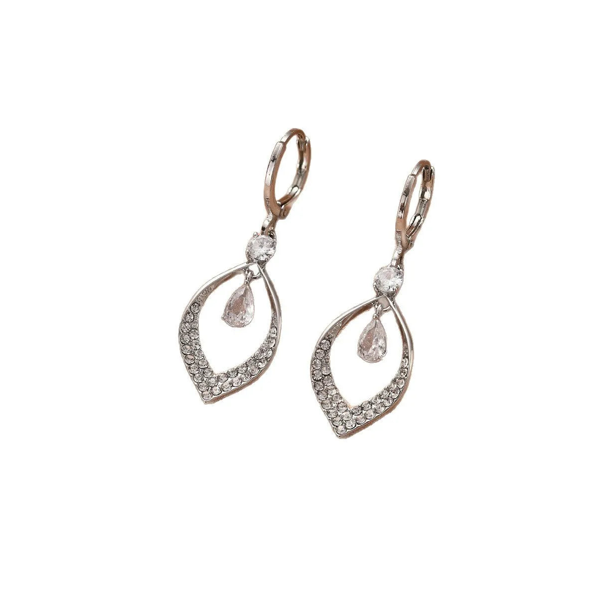 Women's copper teardrop tassel earrings with zircon detail and choice of gold or silver buckle.