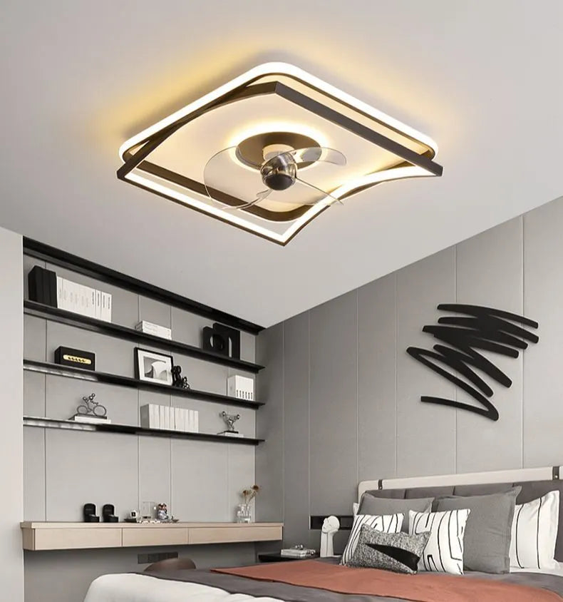 Ceiling fan with light, modern black LED lamp with remote and mobile app control, suitable for bedrooms and dining rooms covering 8-20m² spaces, available in round, square, or annular black designs