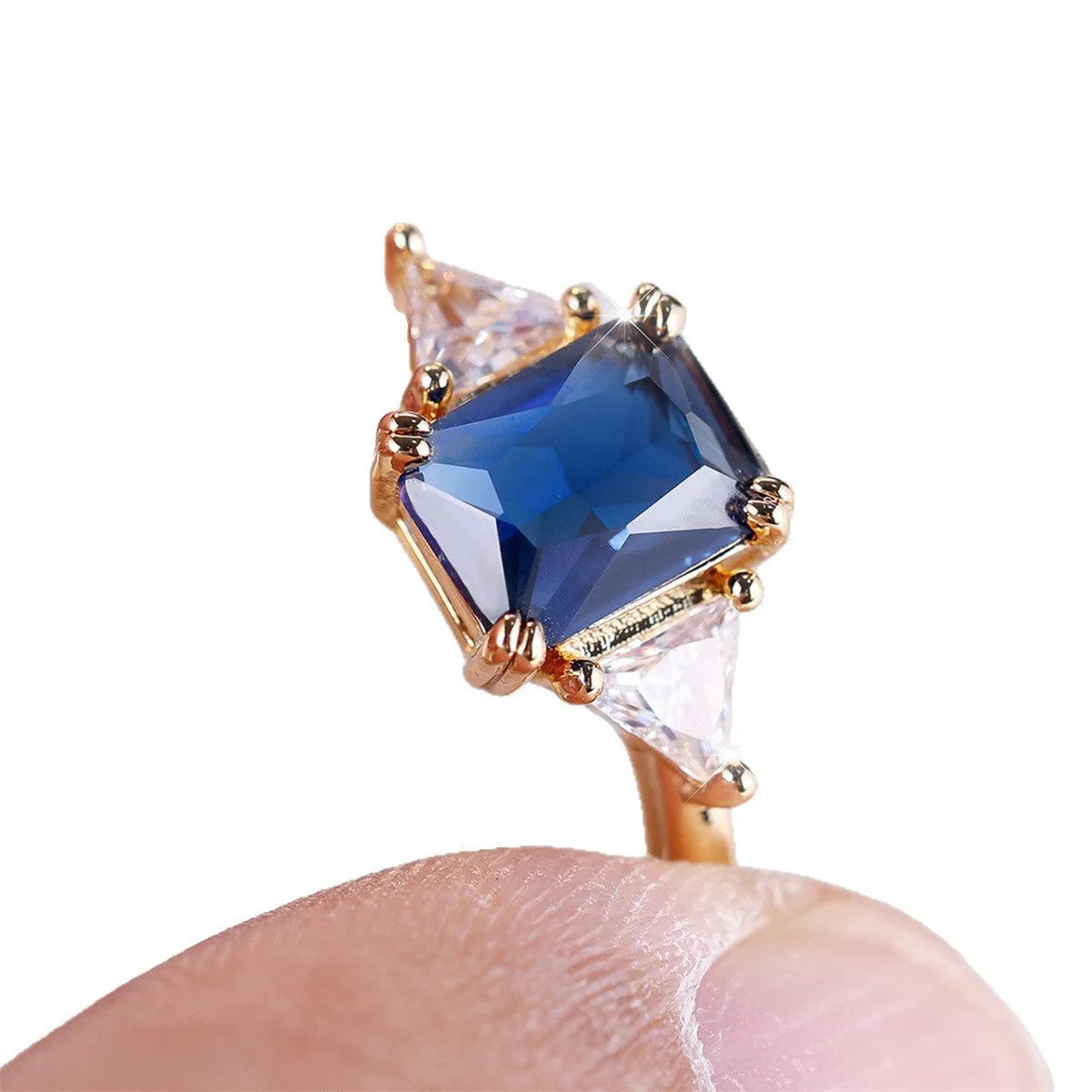 Rectangular women's fashion ring in gold sapphire blue copper with geometric design