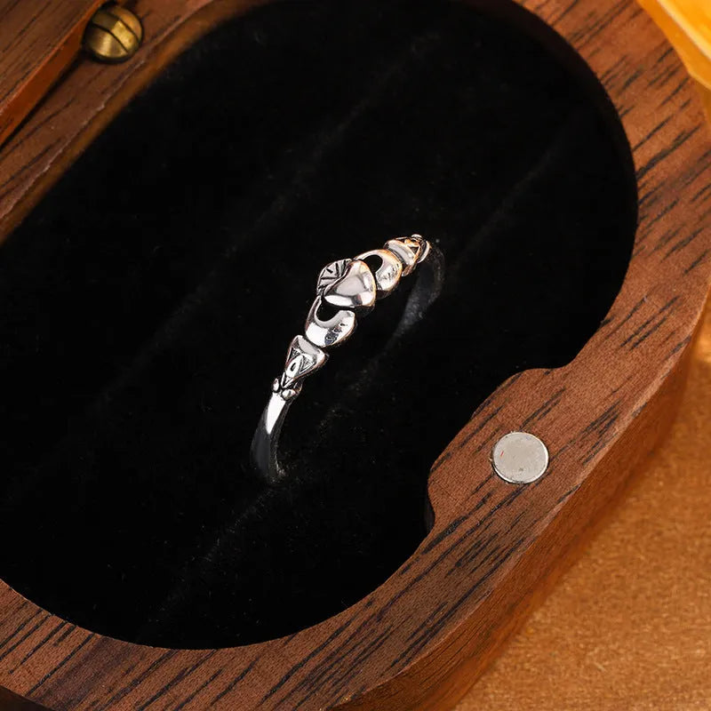 Women's copper open ring in heart shape with retro silver finish