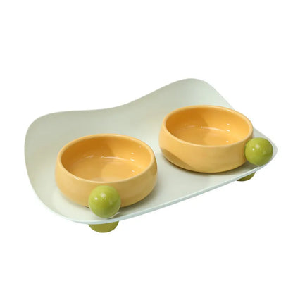 Ceramic raised pet bowl set with two bowls on non-slip base for cats and small dogs