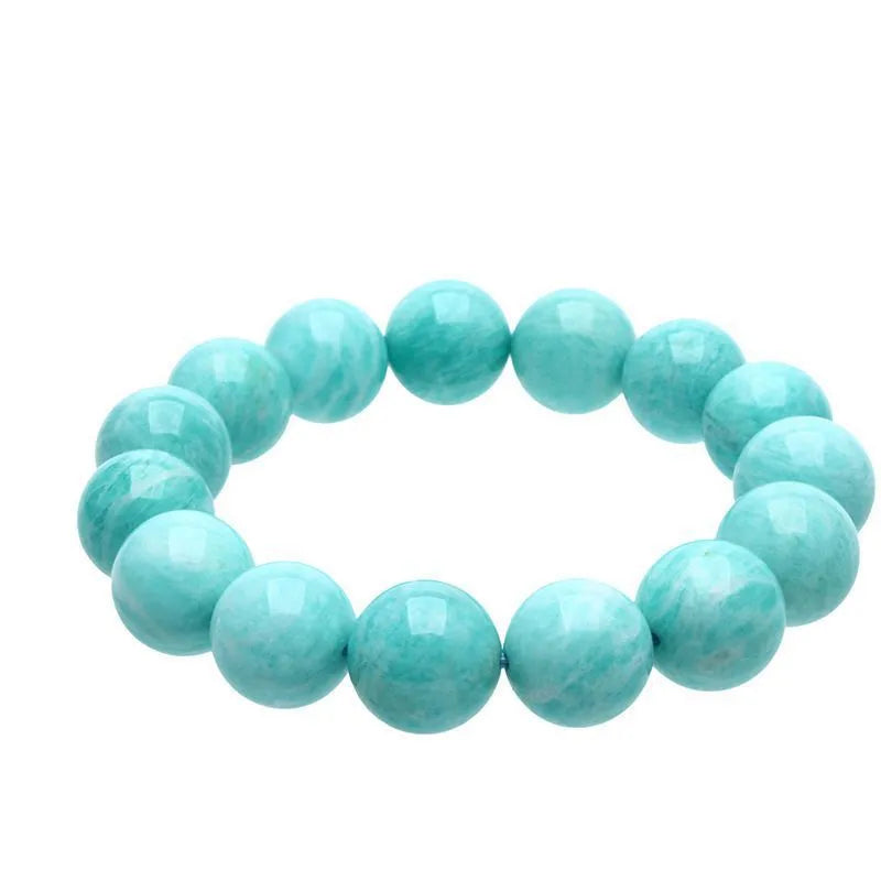 Amazonite gemstone bracelet with green-blue beads on a wrist