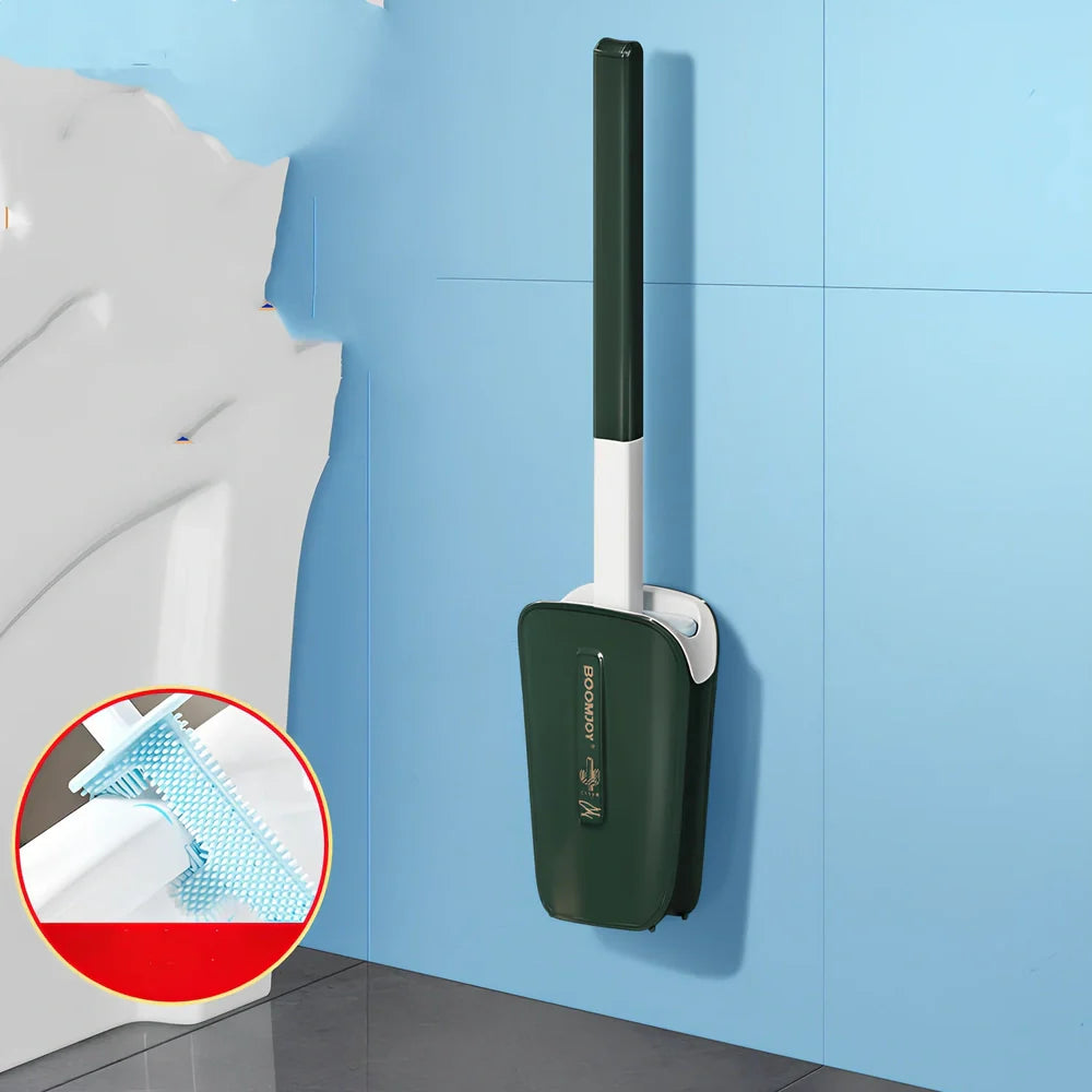 Wall-mounted toilet brush with blue antibacterial TPR head in plastic bucket