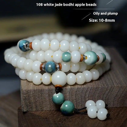 White jade bodhi root oblate bead bracelet with 108 beads in two sizes