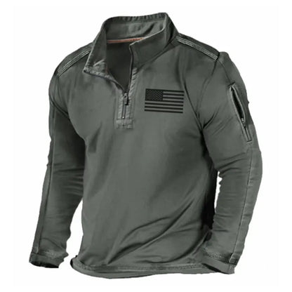 Men's zip-front sweater with stand collar in polyester fibre, showing full-length zip and long sleeves
