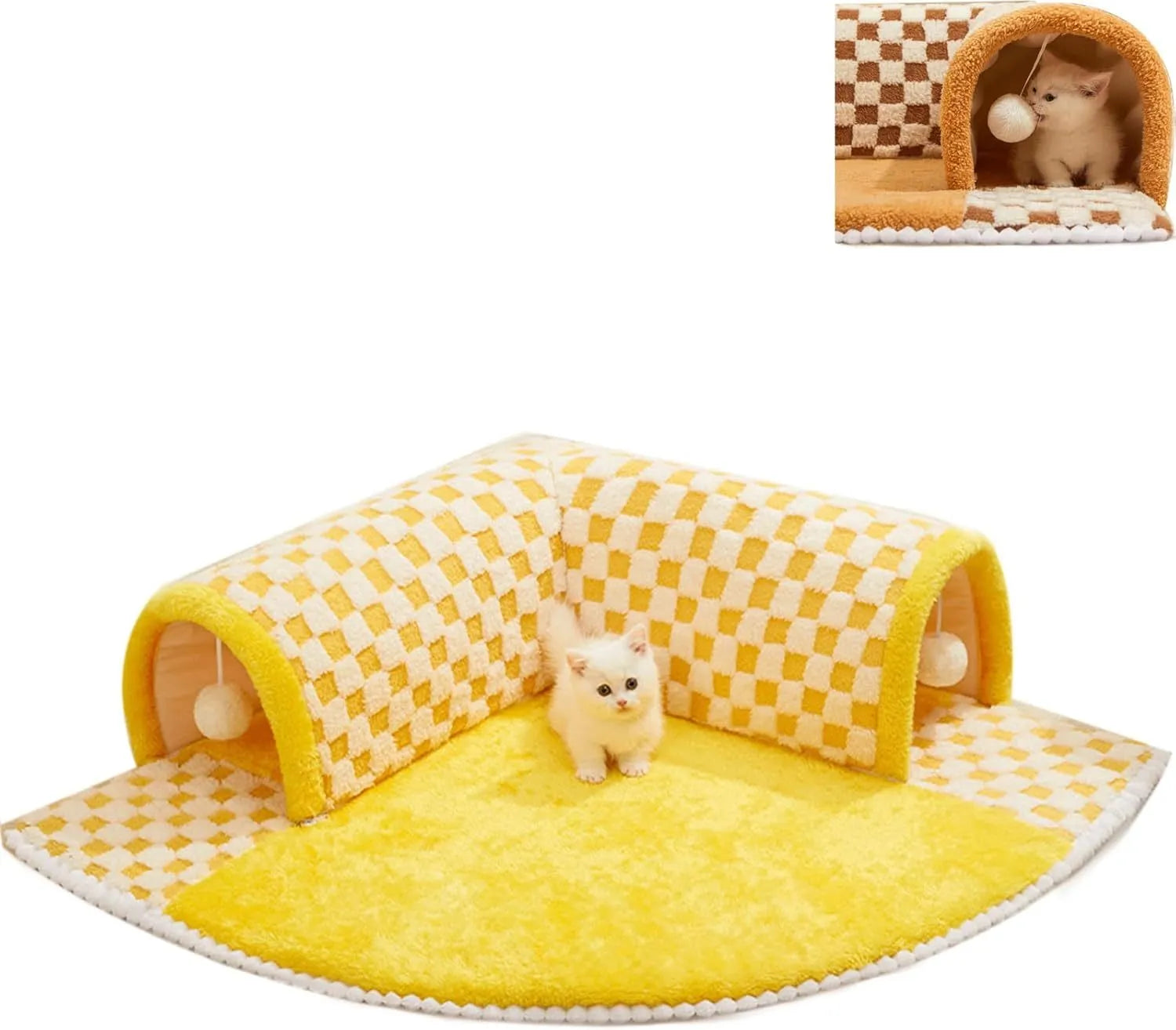 Brown plush plaid cat tunnel bed with central mat showing non-slip bottom and tunnel opening