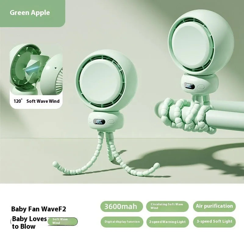 Portable clip-on stroller fan with brushless motor in beige, black, mint green, and glacier colour options