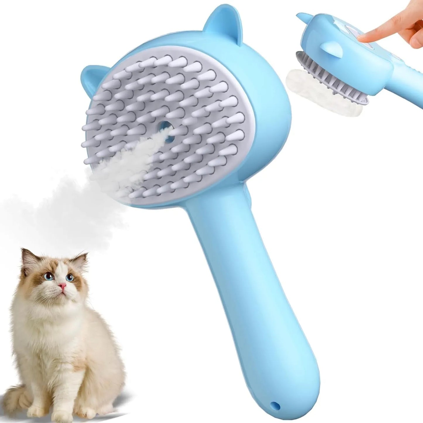 Cat ear-shaped steam brush with blue handle, rubber bristles, and release button for pet grooming