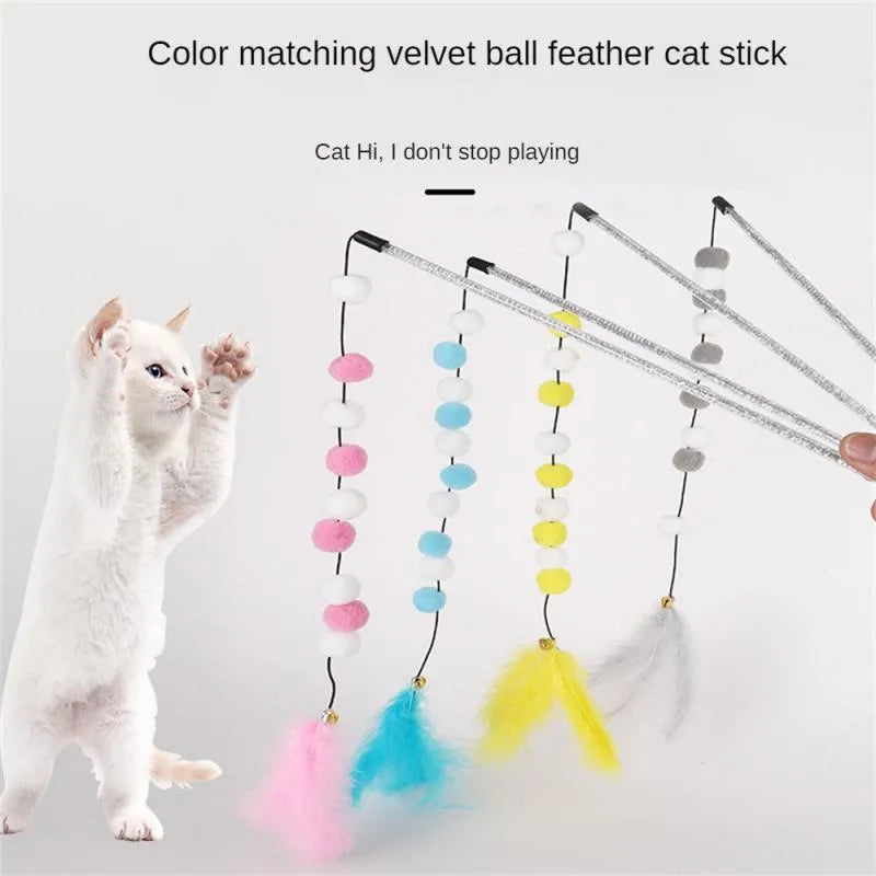 Blue cat teaser stick toy with a bell and a grey feather pompon, shown next to a grey and yellow version.
