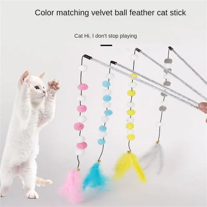 Blue cat teaser stick toy with a bell and a grey feather pompon, shown next to a grey and yellow version.