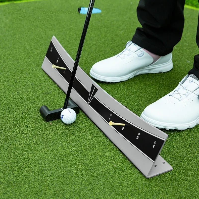 Golf putter trajectory balance simulator with adjustable push rod balancer on practice green