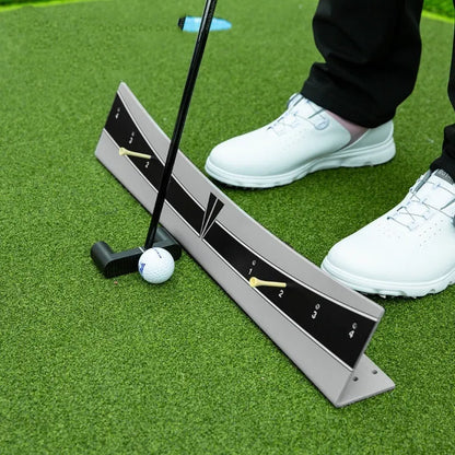 Golf putter trajectory balance simulator with adjustable push rod balancer on practice green