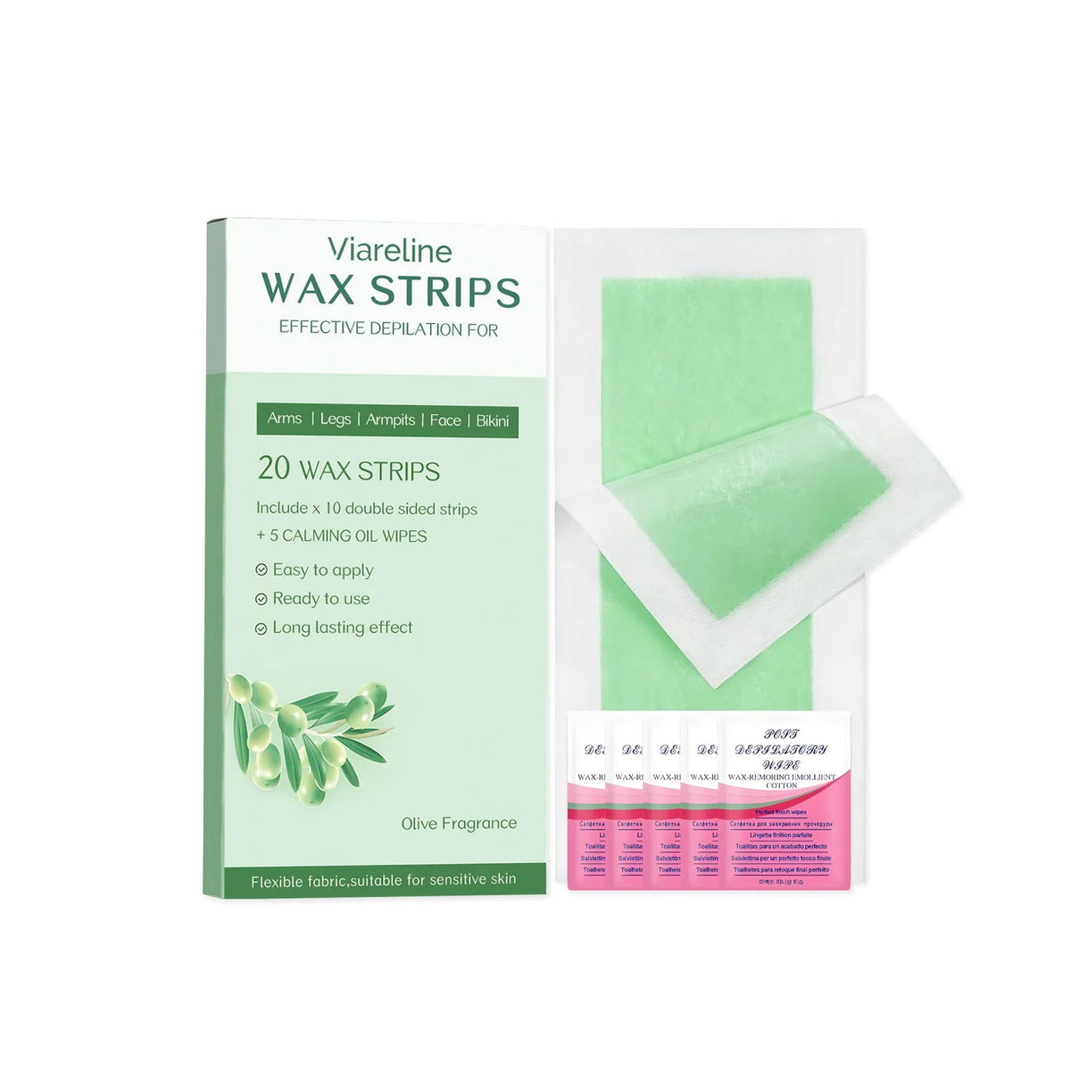 Hair removal wax stickers kit with 20 pre-waxed strips and 5 wet wipes for facial and body hair removal