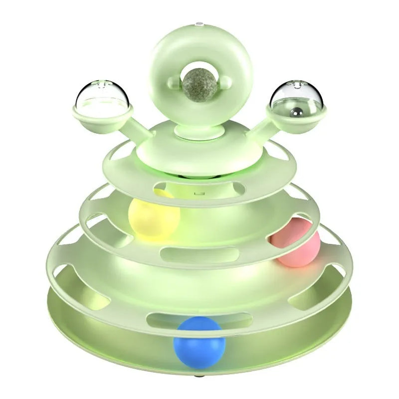 Four-level cat toy turntable tower with roller balls and 360-degree top ball in PP