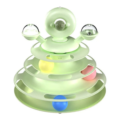 Four-level cat toy turntable tower with roller balls and 360-degree top ball in PP