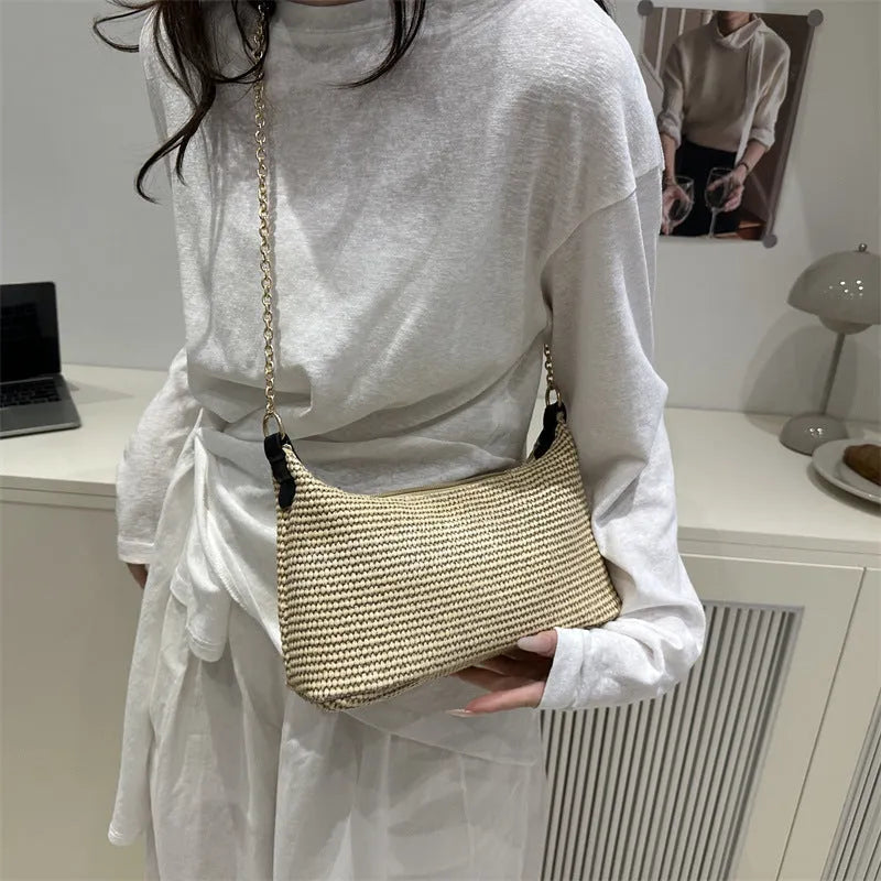 Straw woven beach tote bag with sandwich pockets and mobile phone compartment in khaki colour