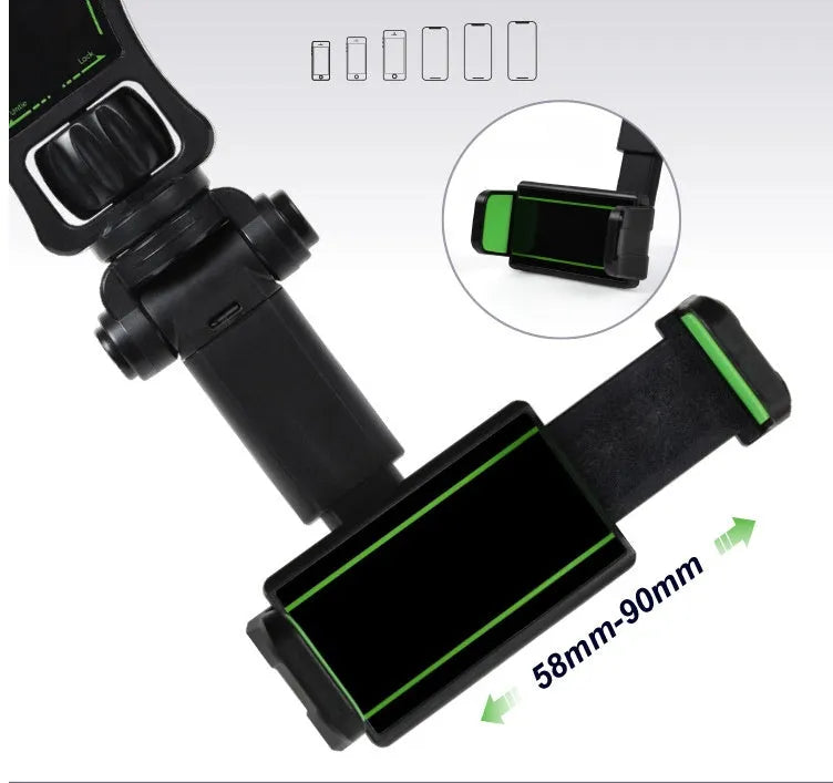 Universal car phone holder attached to a rear view mirror, shown in black and green colour.