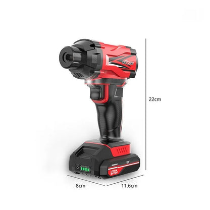 Red and black portable car wireless air pump with battery, cables, and multiple nozzles for tyres and sports equipment.