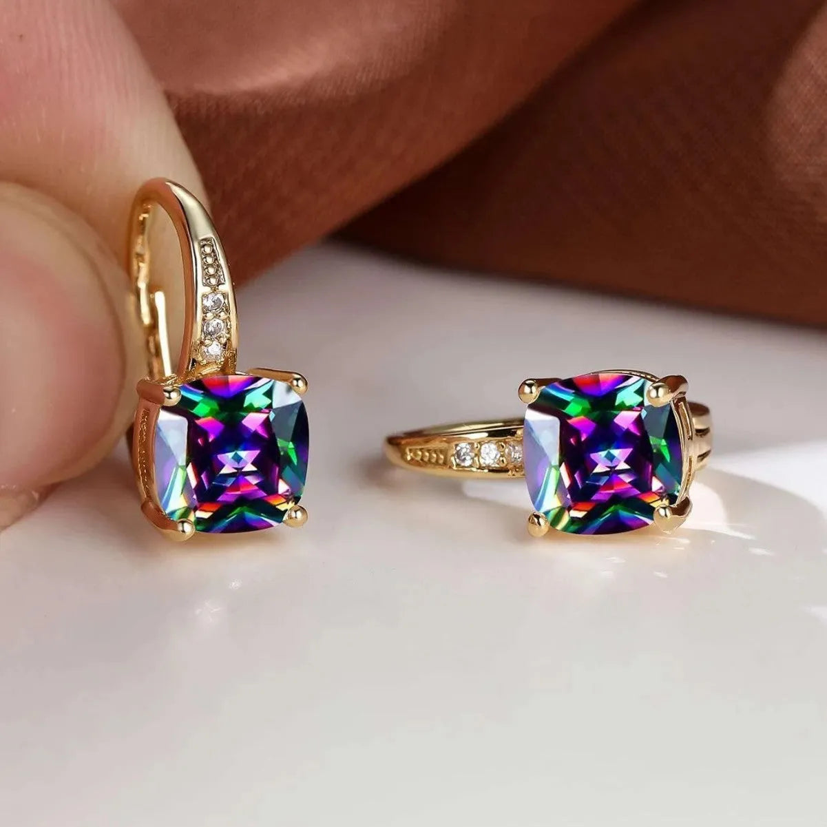 Square geometric ear clip with moissanite stones and electroplated gold finish