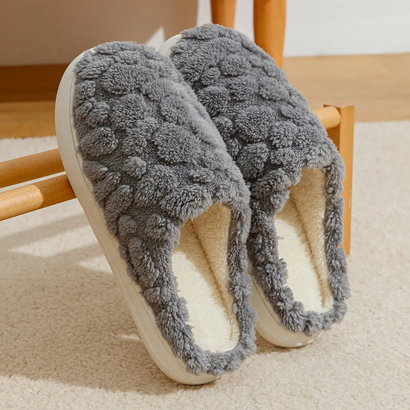 Unisex cartoon plush slippers with memory foam heels and anti-skid EVA soles in pink, green, beige, gray and brown