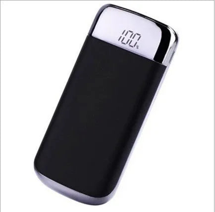 Square aluminium power bank with digital display and multiple USB ports in pink colour.