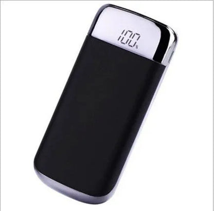 Square aluminium power bank with digital display and multiple USB ports in pink colour.