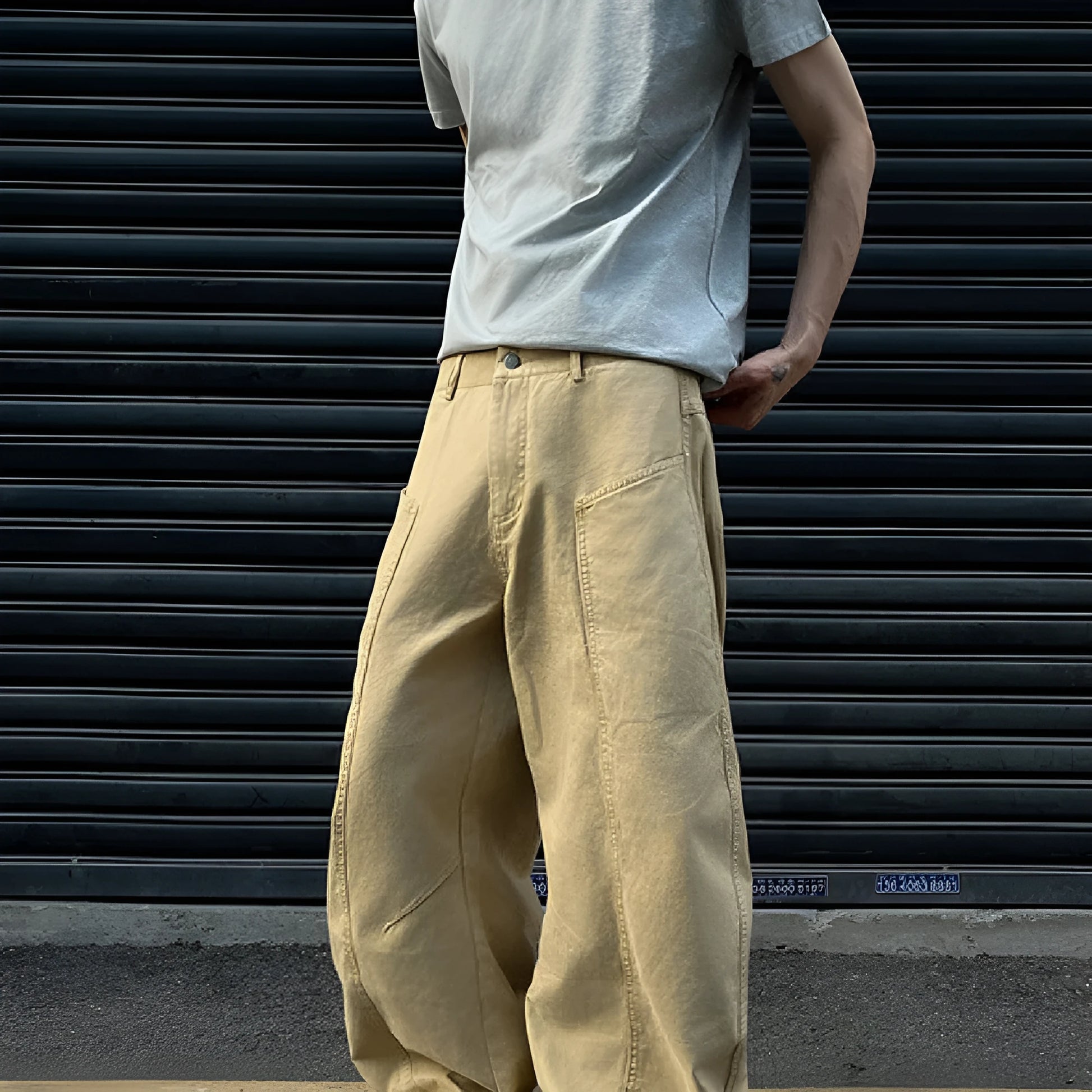 Men's khaki cotton straight-leg casual trousers American retro style