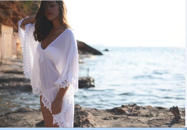 Cotton beach bikini lace white blouse for swimming with feminine detailing