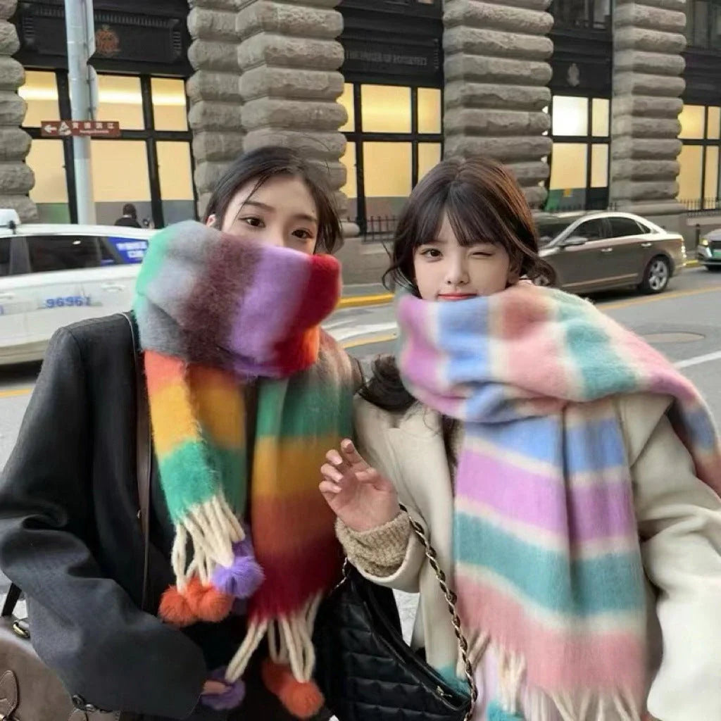 Vibrant Rainbow Mohair Tassel Scarf in various colors, perfect for winter fashion