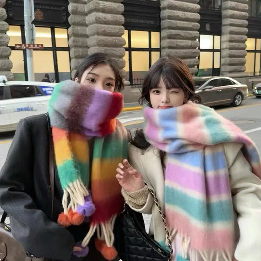 Vibrant Rainbow Mohair Tassel Scarf in various colors, perfect for winter fashion