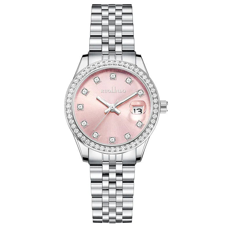 Women's silver alloy quartz watch with circular dial and stainless steel folding buckle.
