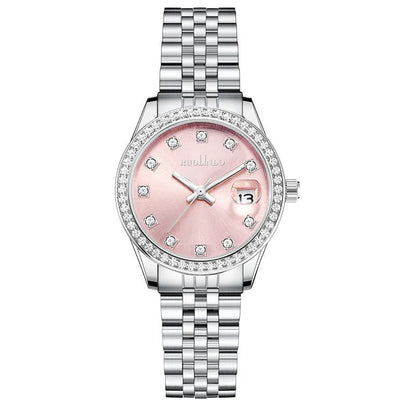 Women's silver alloy quartz watch with circular dial and stainless steel folding buckle.