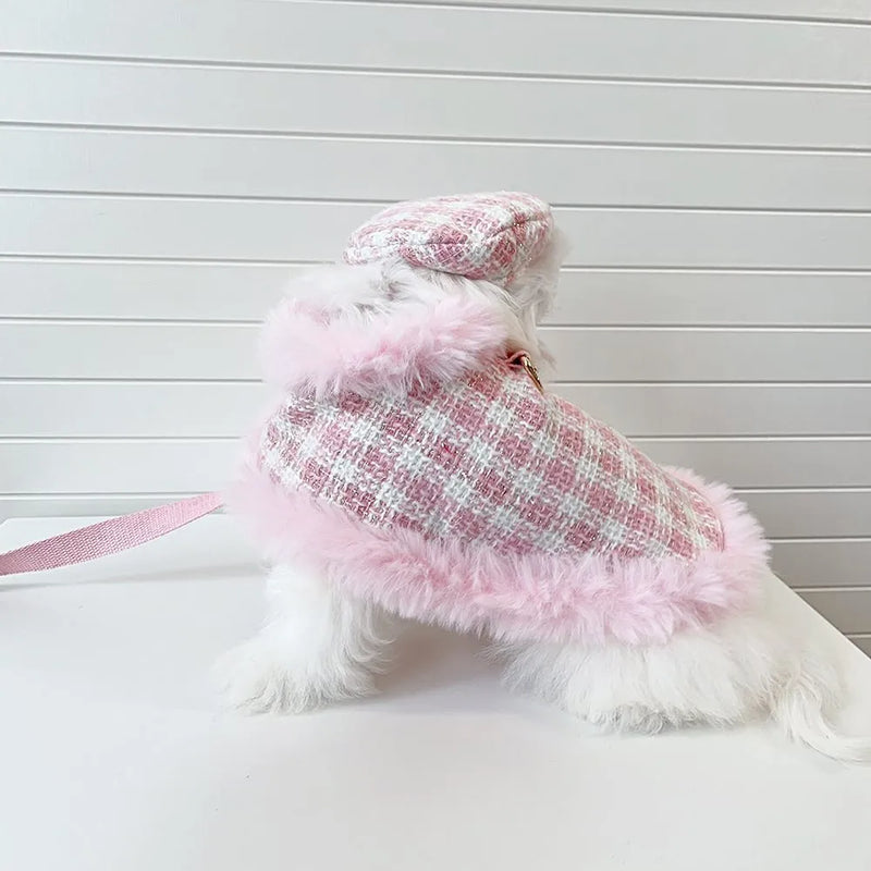 Cat clothing cape with beret and hand holding rope, polyester pet costume for cats in female pink colour, available in XS S M L XL sizes for dress-up and photography