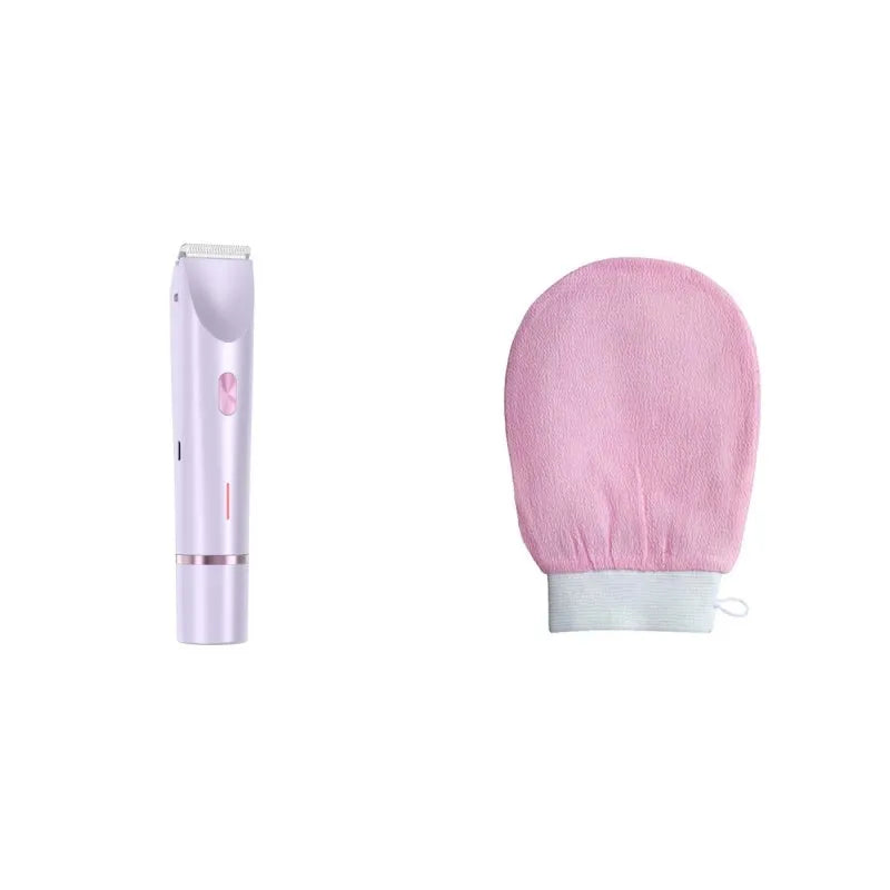Pink electric shaver with double head, USB cable, and brush for women's body grooming