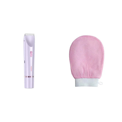 Pink electric shaver with double head, USB cable, and brush for women's body grooming