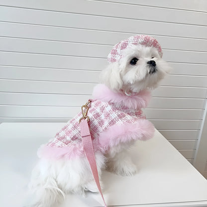 Pink cat costume with beret, cape, and hand-holding rope in polyester material