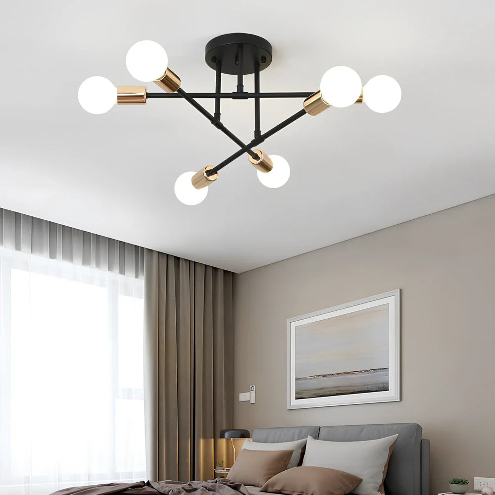 Industrial wind iron art ceiling light with 6 LED heads, 700mm diameter, European design in black, gold, or white