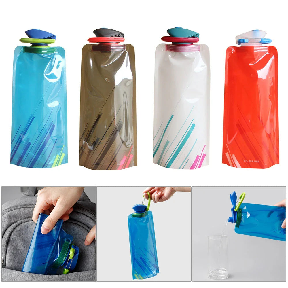 Premium collapsible water bottle in blue, white, and black colors with a compact and portable design for outdoor activities