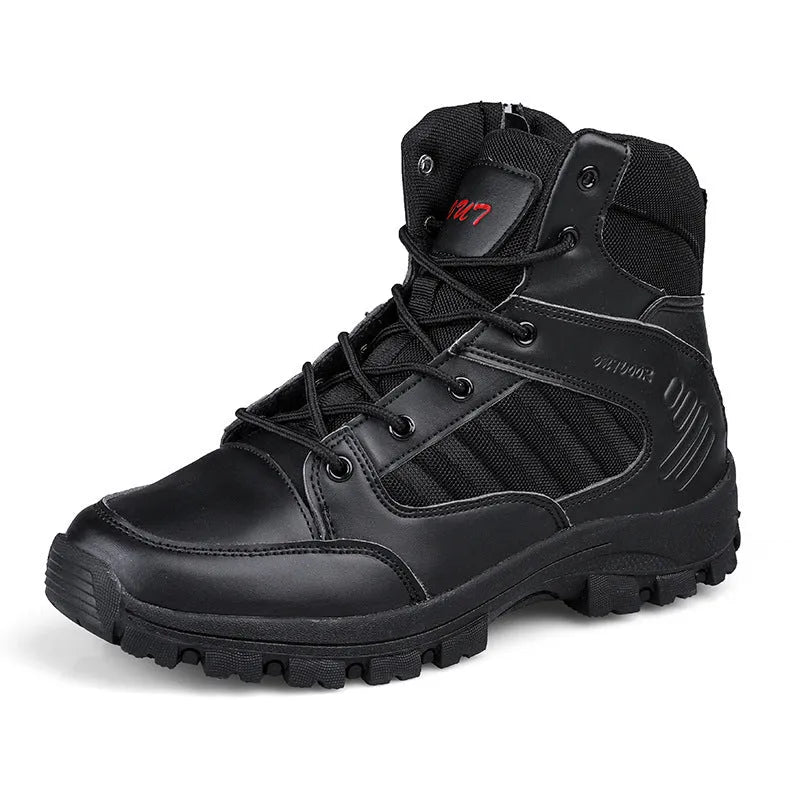 Men's black and camouflage high-top hiking shoes with metal details on artificial PU upper.
