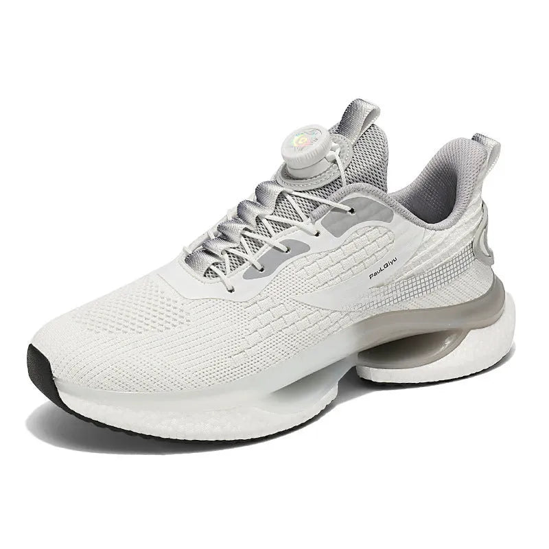 Men's white low-top running sneakers with a buckle fastener and mesh upper.