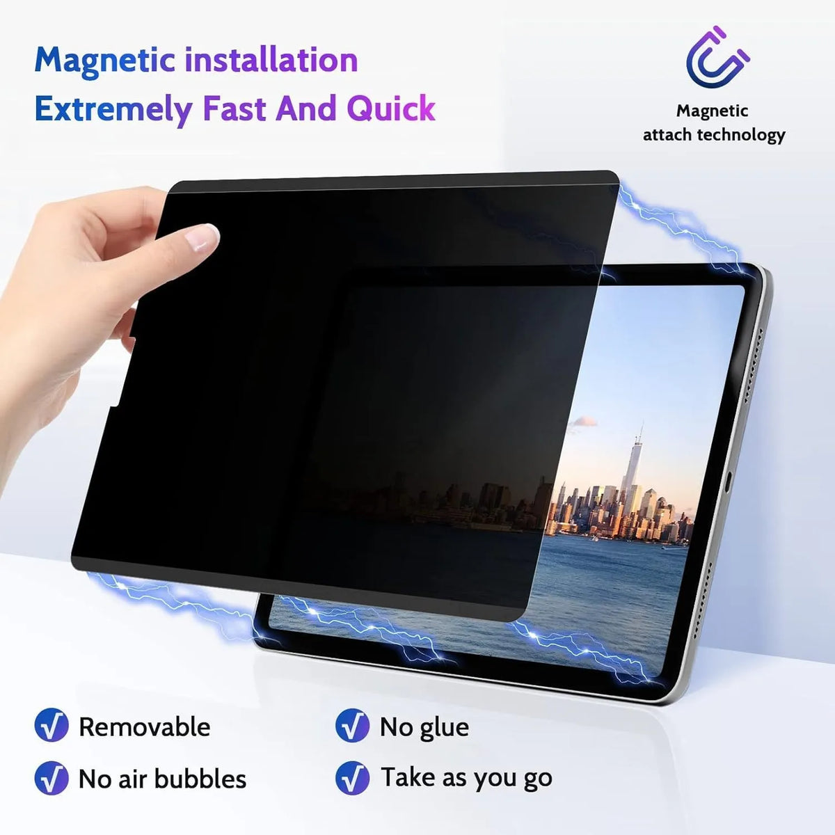 Magnetic suction anti-peeping film on iPad screen with storage clip, showing privacy protection and PET material clarity
