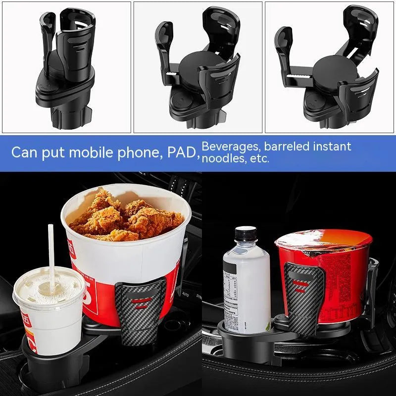 Second generation car cup holder modification accessory in carbon fibre or matte ABS plastic finish.