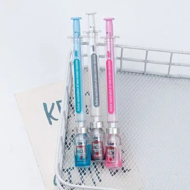 Vaccine design gel pen with plastic construction measuring 15.7cm length and using 0.5mm black refill