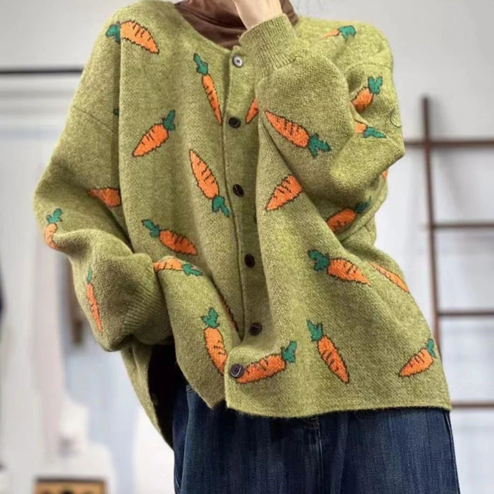 Round neck Mori artistic printing cardigan with colour contrast design in loose casual fit