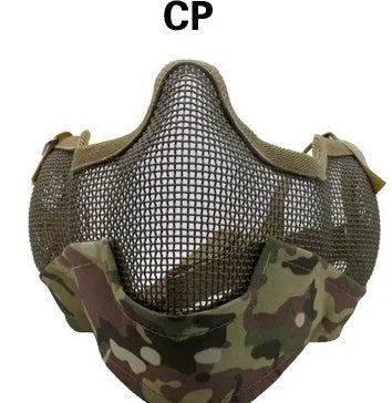 Carbon steel net protective face mask in camouflage pattern for outdoor field use.